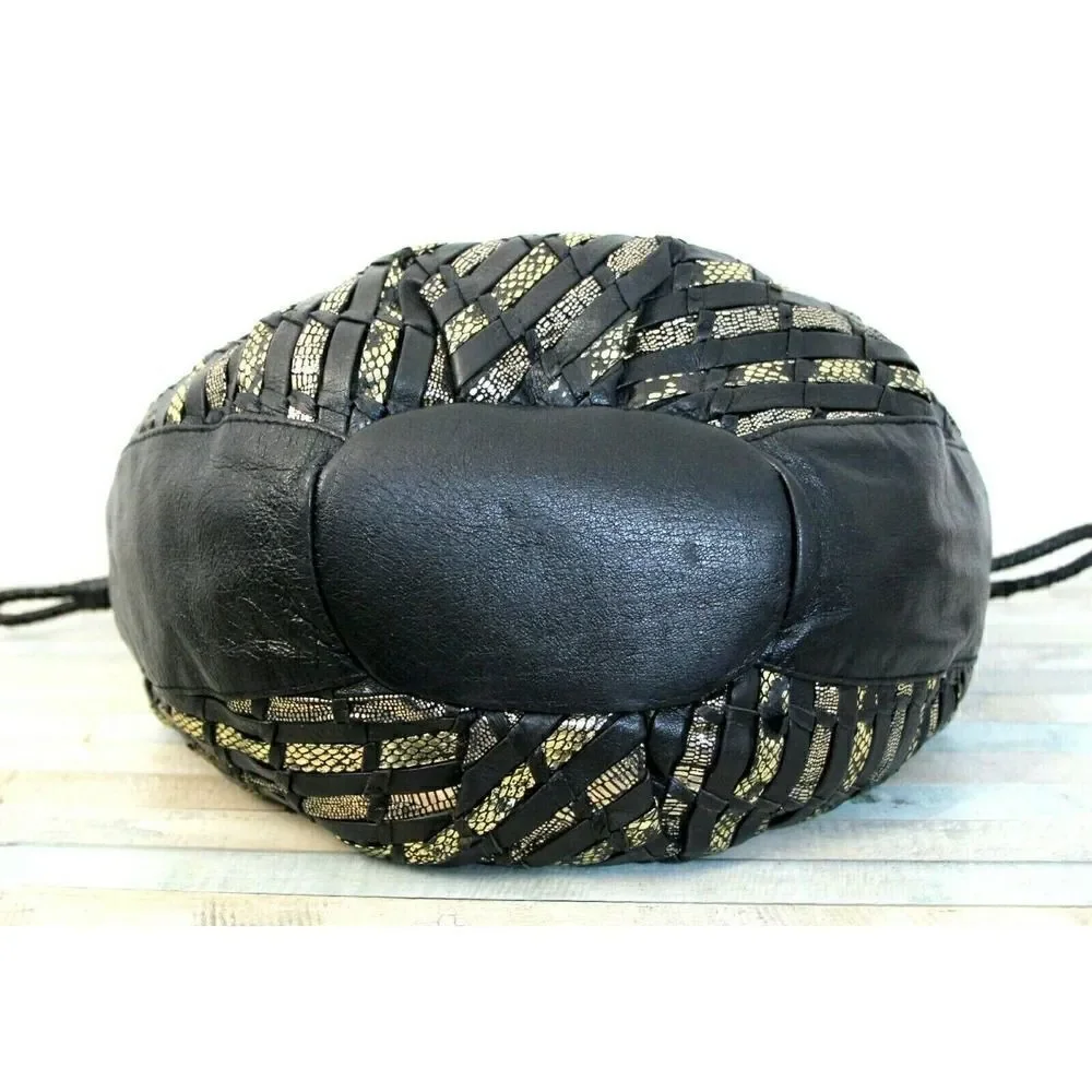 Elliott Lucca BLACK GOLD WOVEN GENUINE LEATHER DRAWSTRING SHOULDER BAG PURSE